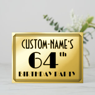 64th Birthday Party — Art Deco Look “64” + Name Foil Invitation
