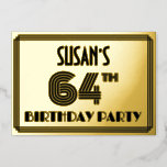 [ Thumbnail: 64th Birthday Party — Art Deco Style “64” & Name Invitation ]