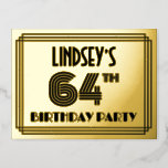 [ Thumbnail: 64th Birthday Party ~ Art Deco Style “64” + Name Postcard ]
