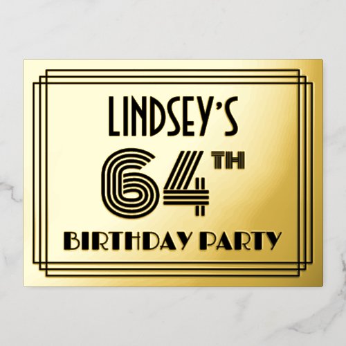 64th Birthday Party  Art Deco Style 64  Name Foil Invitation Postcard