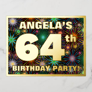 64th Birthday Party: Bold, Colorful Fireworks Look Foil Invitation Postcard