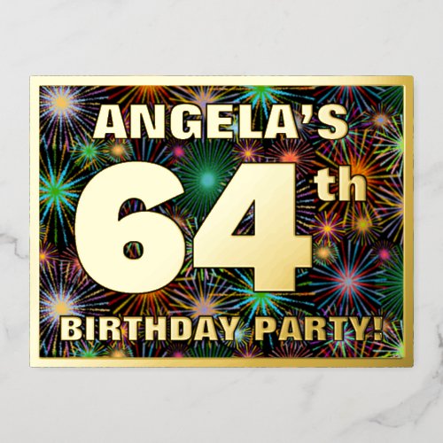 64th Birthday Party Bold Colorful Fireworks Look Foil Invitation Postcard