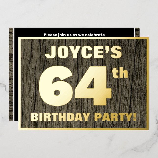 64th Birthday Party: Bold, Faux Wood Grain Pattern Foil Invitation (Front/Back)