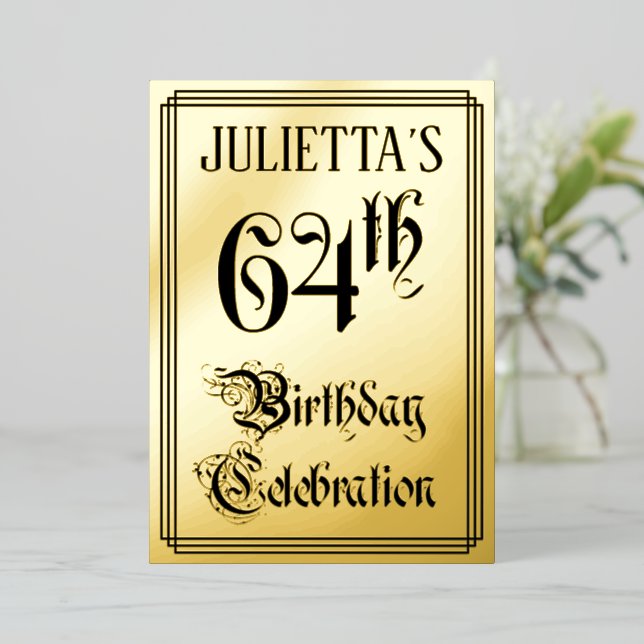 64th Birthday Party — Elegant Script + Custom Name Foil Invitation (Standing Front)