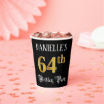[ Thumbnail: 64th Birthday Party — Fancy Script, Faux Gold Look Paper Cups ]