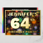 [ Thumbnail: 64th Birthday Party — Fun, Colorful Fireworks Look Invitation ]