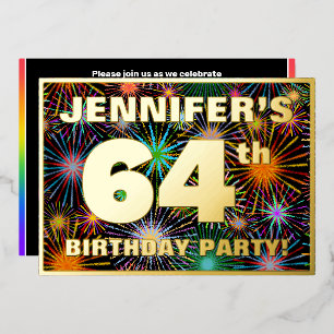 64th Birthday Party — Fun, Colorful Fireworks Look Foil Invitation