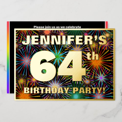 64th Birthday Party  Fun Colorful Fireworks Look Foil Invitation