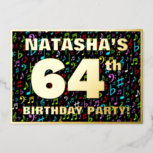 64th Birthday Party â Fun Colorful Music Symbols Foil Invitation