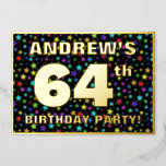 [ Thumbnail: 64th Birthday Party — Fun, Colorful Stars Pattern Invitation ]