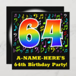 [ Thumbnail: 64th Birthday Party: Fun Music Symbols, Rainbow 64 Invitation ]