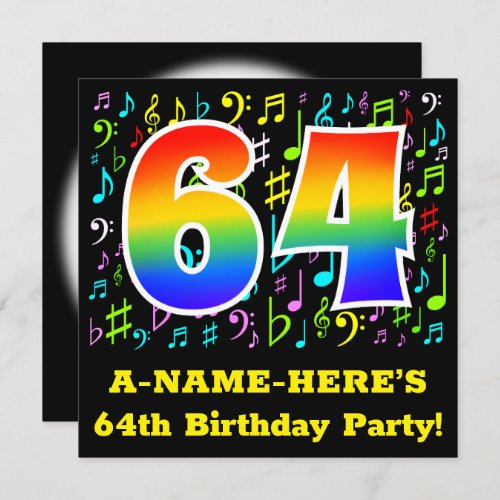 64th Birthday Party Fun Music Symbols Rainbow 64 Invitation