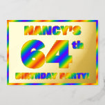 [ Thumbnail: 64th Birthday Party — Fun, Rainbow Spectrum “64” Invitation ]
