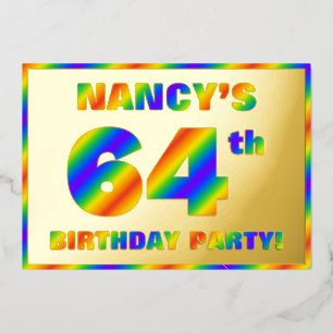 64th Birthday Party — Fun, Rainbow Spectrum “64” Foil Invitation
