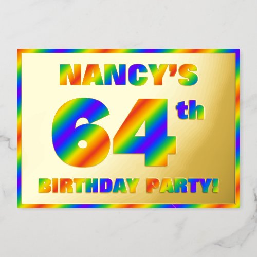 64th Birthday Party  Fun Rainbow Spectrum 64 Foil Invitation