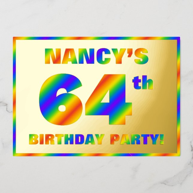 64th Birthday Party — Fun, Rainbow Spectrum “64” Foil Invitation (Front)