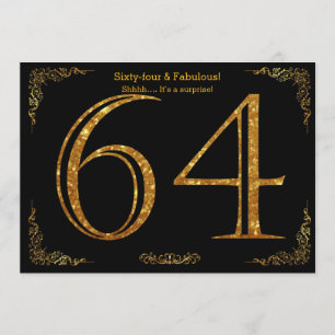 64th Birthday party,Gatsby styl,black gold glitter Invitation