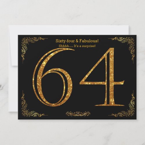 64th Birthday partyGatsby stylblack gold glitter Invitation