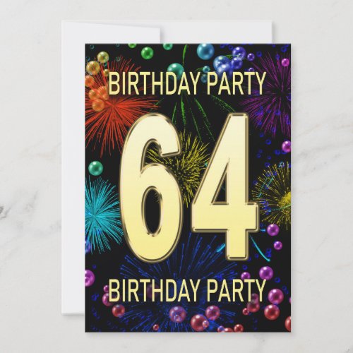 64th Birthday Party Invitation Fireworks Bubbles