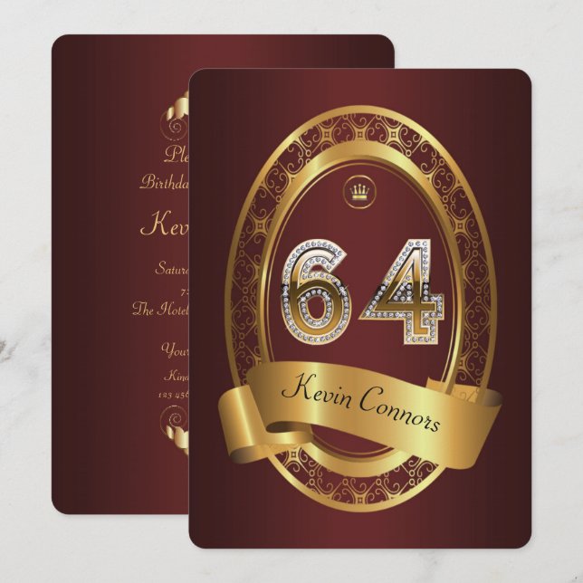 64th,birthday party woman man,elegant color invitation (Front/Back)