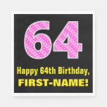 [ Thumbnail: 64th Birthday: Pink Stripes and Hearts "64" + Name Napkins ]