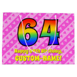 [ Thumbnail: 64th Birthday: Pink Stripes & Hearts, Rainbow # 64 Gift Bag ]