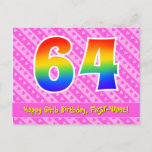 [ Thumbnail: 64th Birthday: Pink Stripes & Hearts, Rainbow 64 Postcard ]