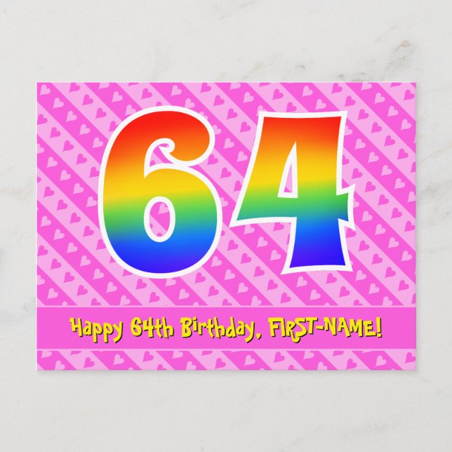 64th Birthday: Pink Stripes & Hearts, Rainbow 64 Postcard (Front)