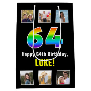 64th Birthday: Rainbow “64“, Custom Photos & Name Medium Gift Bag