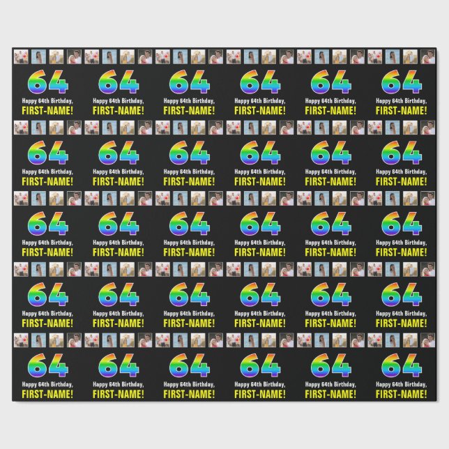 64th Birthday: Rainbow “64“; Custom Photos & Name Wrapping Paper (Seam)
