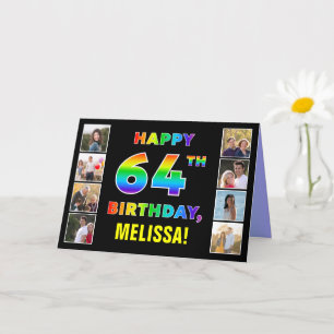 64th Birthday: Rainbow Text, Custom Photos & Name Card