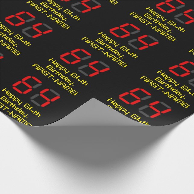64th Birthday: Red Digital Clock Style "64" + Name Wrapping Paper (Corner)