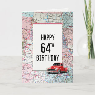 64th Birthday Red Retro Truck on Map Card