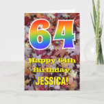 [ Thumbnail: 64th Birthday; Rustic Autumn Leaves; Rainbow "64" Card ]