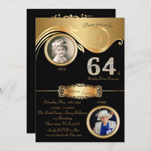 64thBirthday Woman 64thelegant art decoblack Invitation