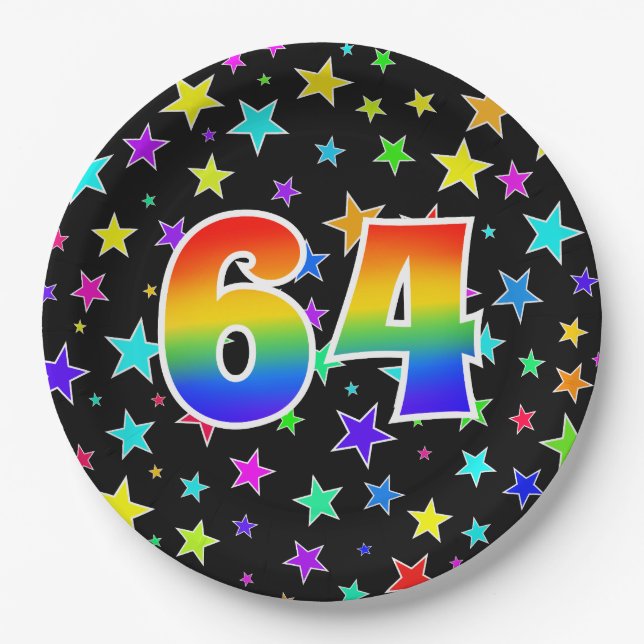 64th Event: Bold, Fun, Colorful Rainbow 64 Paper Plates (Front)