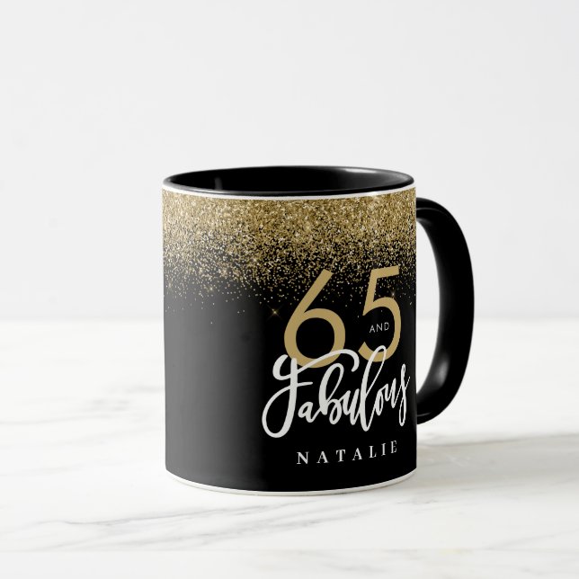 65 and fabulous black gold glitter birthday  mug (Front Right)
