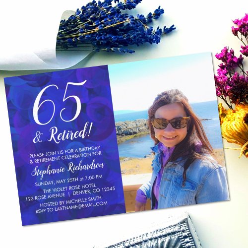 65 and Retired Blue Photo Birthday Retirement Invitation