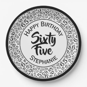 65 Birthday Cool Random Number Pattern Black/White Paper Plates