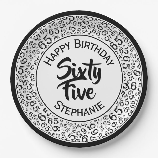 65 Birthday Cool Random Number Pattern Black/White Paper Plates (Front)