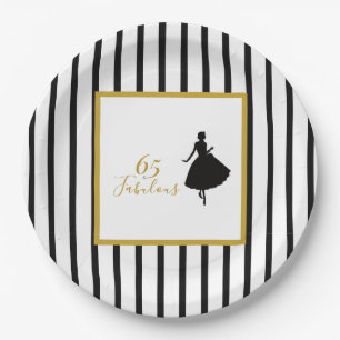 65 & Fabulous Black and Gold Birthday Party Paper Plates