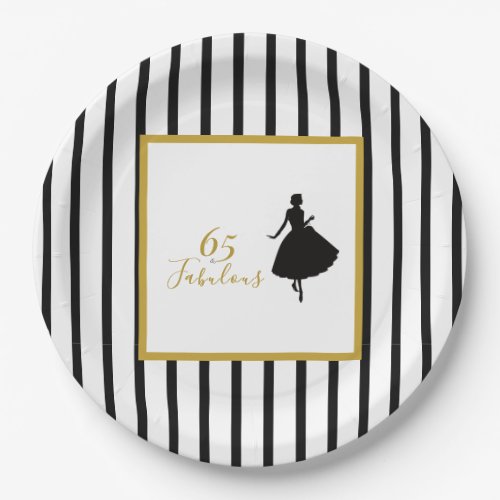 65 & Fabulous Black and Gold Birthday Party Paper Plates