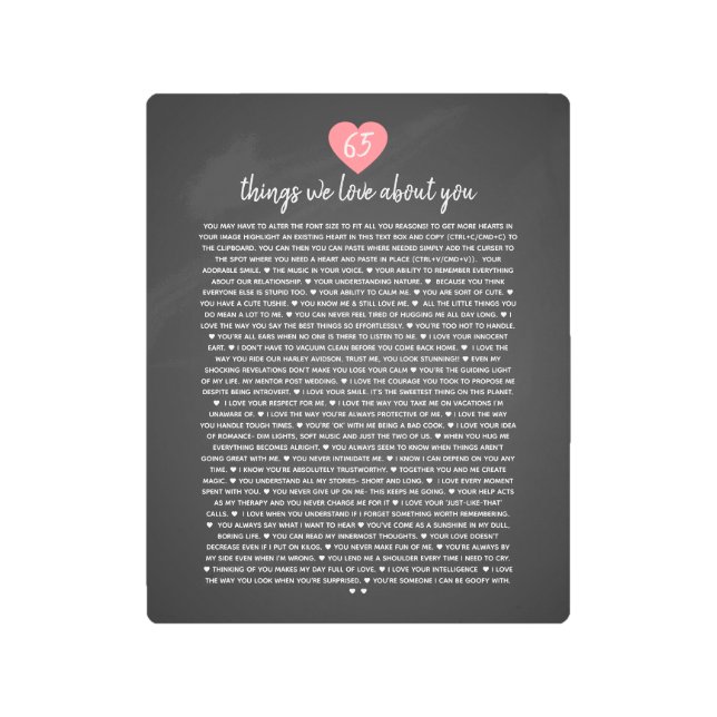 65 things we love about you heart reasons we love metal print (Front)