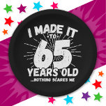 65 Year Old Sarcastic Meme Funny 65th Birthday Paper Plates<br><div class="desc">This funny 65th birthday design makes a great sarcastic humor joke or novelty gag gift for a 65 year old birthday theme or surprise 65th birthday party! Features 'I Made it to 65 Years Old... Nothing Scares Me' funny 65th birthday meme that will get lots of laughs from family, friends,...</div>