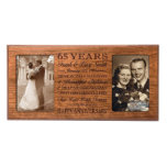65 Year Unique Wedding Anniversary Frame<br><div class="desc">Honor your loving spouse, or a special couple celebrating their 65th anniversary, with this charming picture frame. The frame, which holds two photos and comes with its own stand, will be expertly engraved with two first names, a last name, and a date of your choosing. It also allows you to...</div>