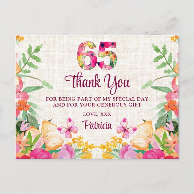 65 Years Flowers Floral Linen 65th Birthday Thanks Postcard (Front)