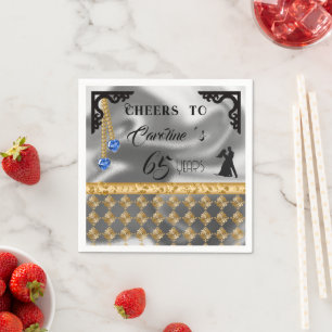 65 Years, Silver Foil, Gold Damask & Blue Gem Napkins