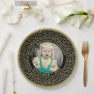 65 Your Photo Random Number Pattern Black/Gold Paper Plates