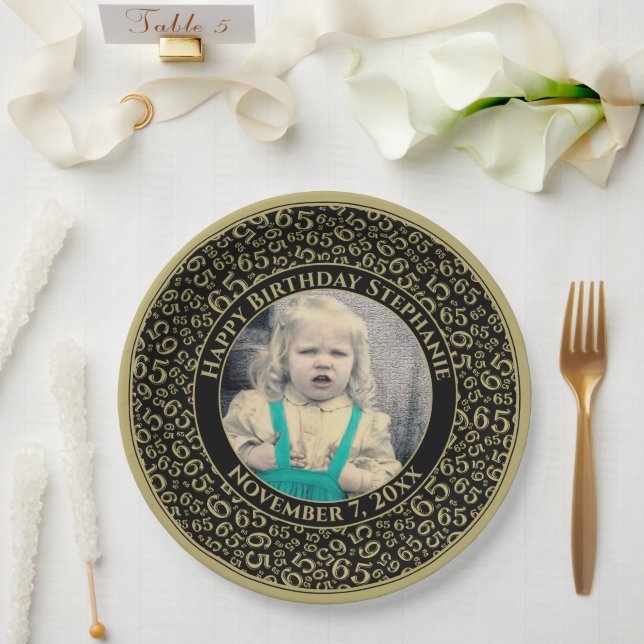 65 Your Photo Random Number Pattern Black/Gold Paper Plates (Wedding)