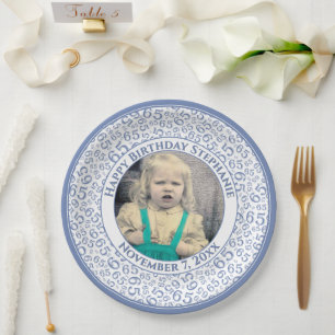 65 Your Photo Random Number Pattern Blue/White Paper Plates